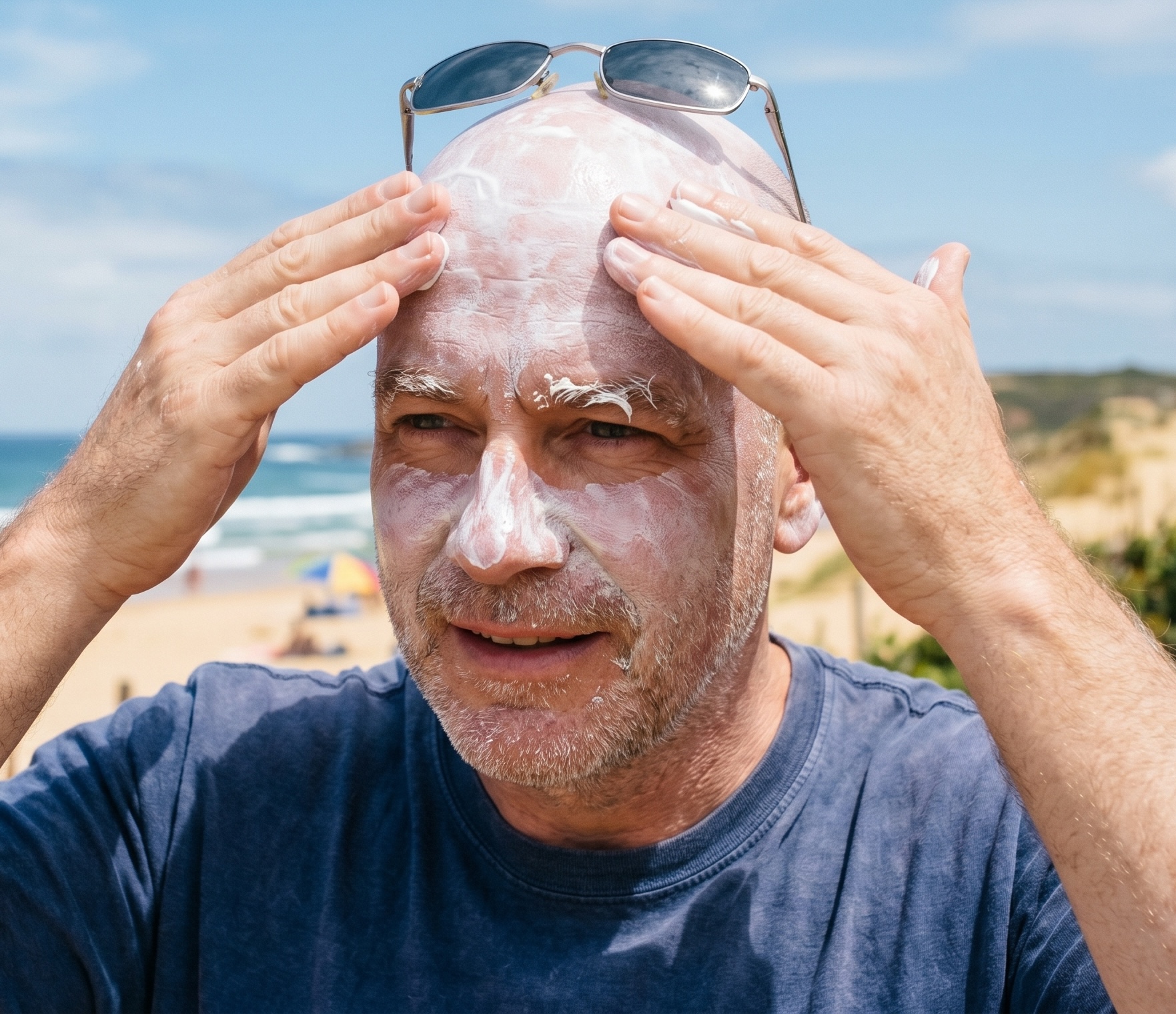 Bald man covered in white chalky generic sunscreen